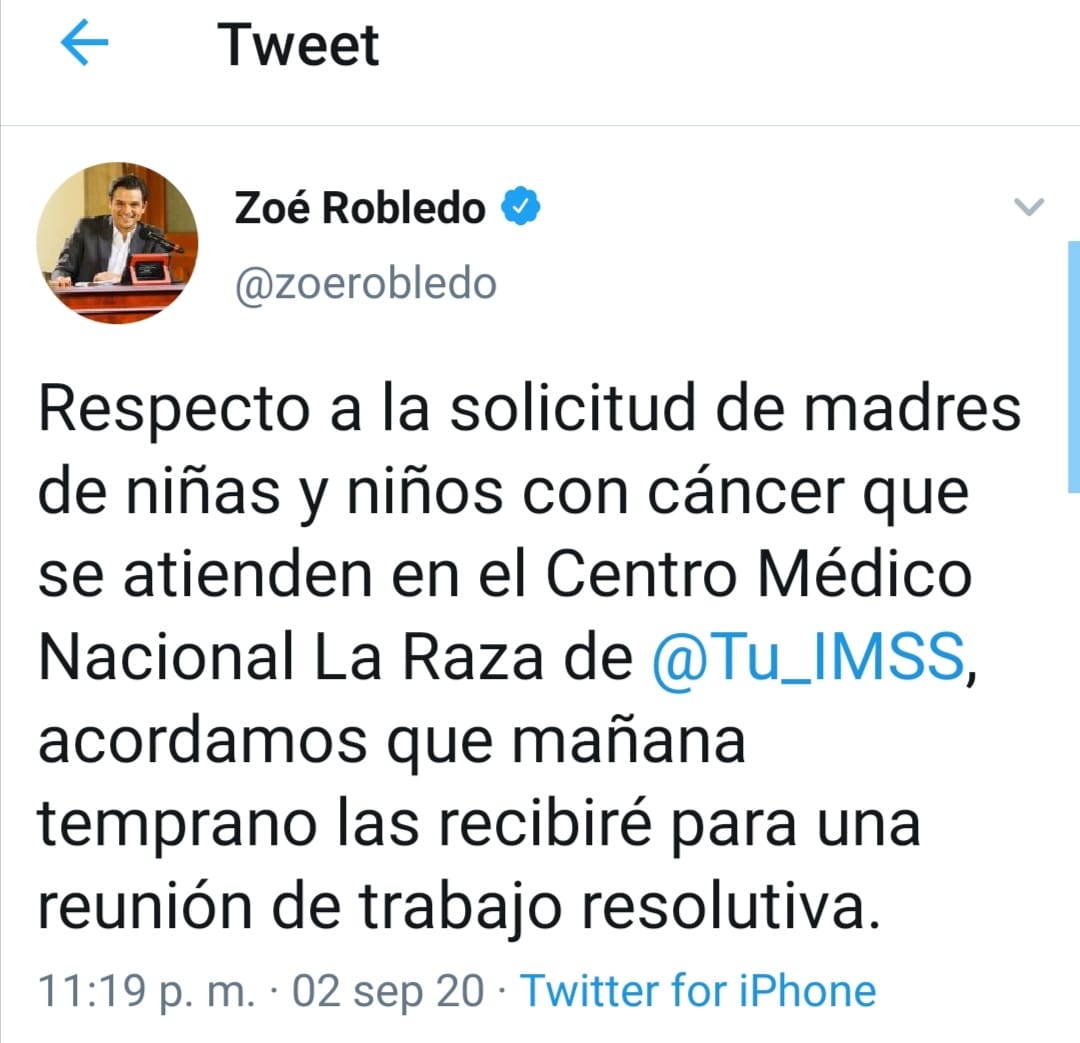 Desde el 2 de septiembre Zoé Robledo prometió diálogo con la madre con niñas y niños con cáncer.