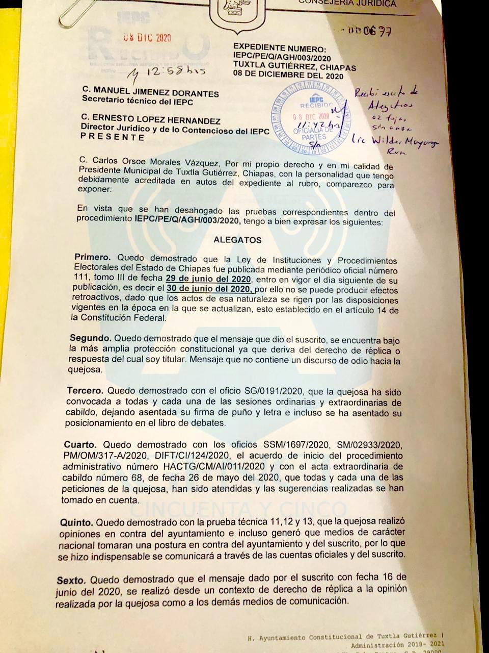 Estos son los alegatos del Alcalde del Ayuntamiento Tuxtla Gutiérrez, Carlos Morales Vázquez