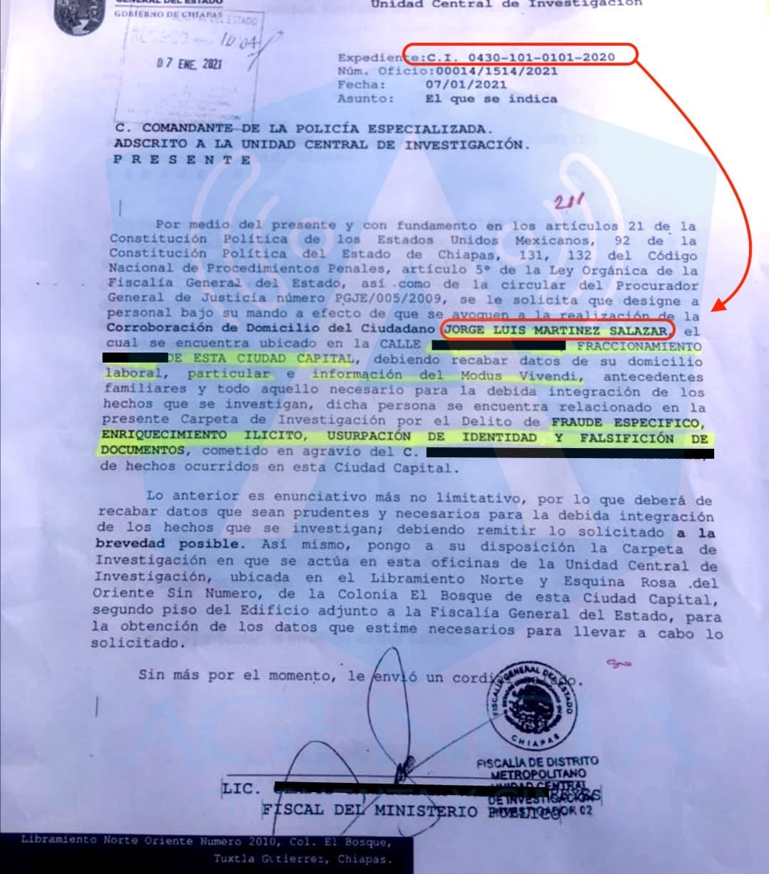 Jorge Martínez, el eterno candidato independiente a la Presidencia Municipal del Ayuntamiento Tuxtla Gutiérrez, cuanta con una Carpeta de Investigación, número 4030-101-0101-2020, por los Delitos de Fraude Específico, Enriquecimiento Ilícito, Usurpación de Identidad y Falsificación de Documentos, por un monto de 30 millones de pesos.