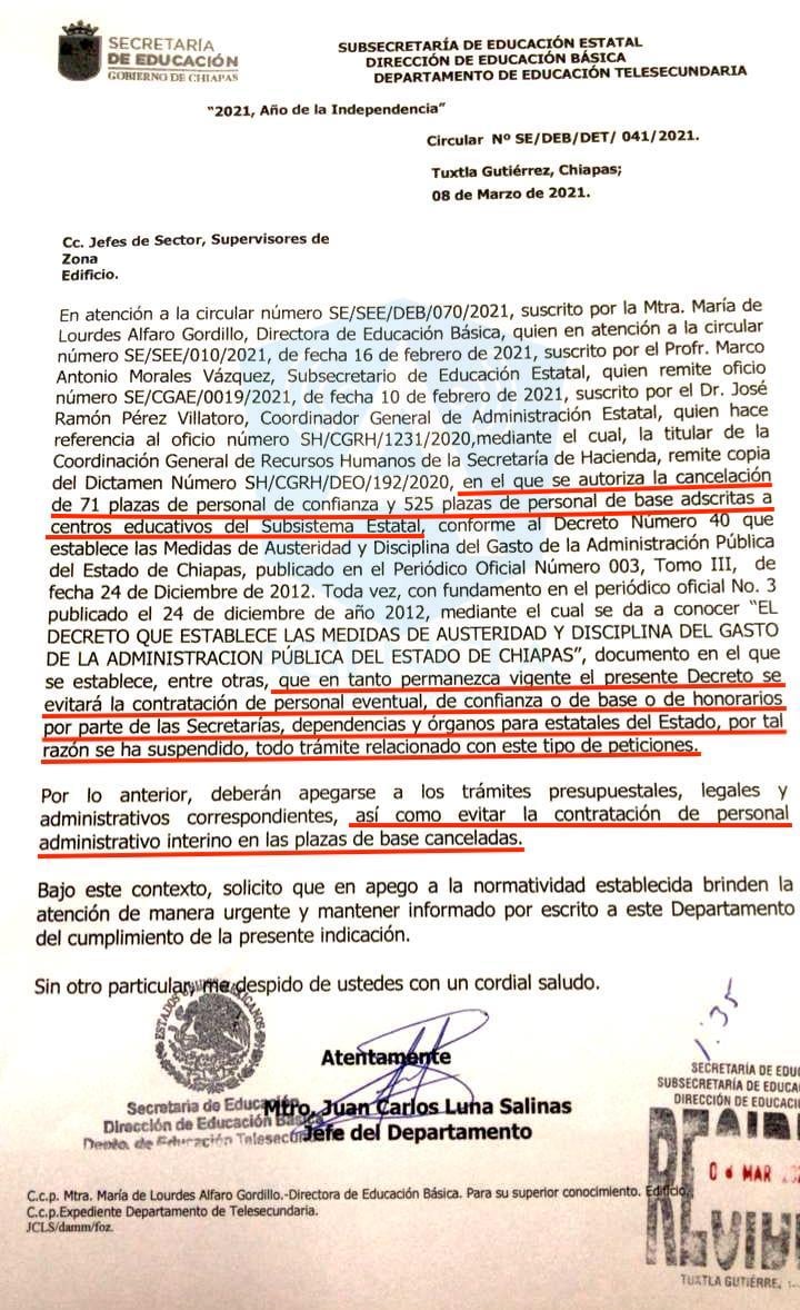 Secretaría de Educación Chiapas autoriza la cancelación de 71 plazas de personal de Confianza y 525 plazas de personal de Base adscritos a centros educativos del Subsistema Estatal.