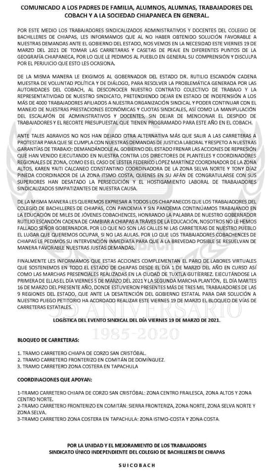 Suicobach tomará carreteras este 19 de marzo.