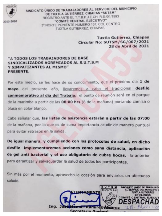 El Sindicato Único de Trabajadores al Servicio del Municipio de Tuxtla Gutiérrez