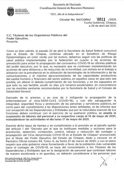e extiende suspensión de labores en el Gobierno de Chiapas