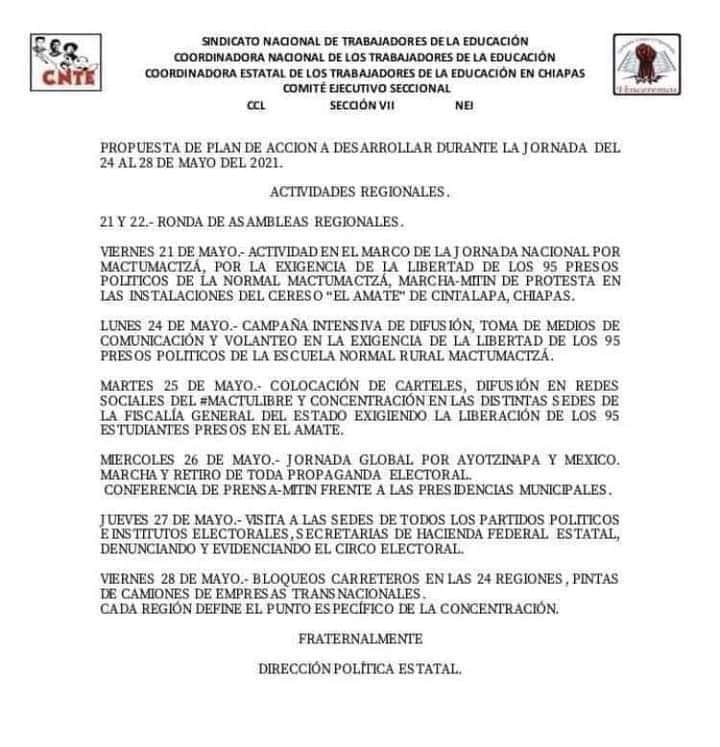 Tomen sus precauciones Semana de manifestaciones de la CNTE en Chiapas