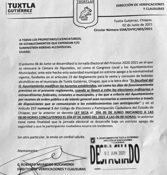 Ley seca por las Elecciones.