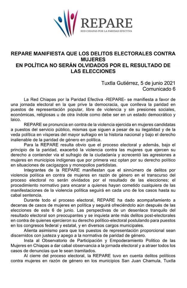 REPARE MANIFIESTA QUE LOS DELITOS ELECTORALES CONTRA MUJERES