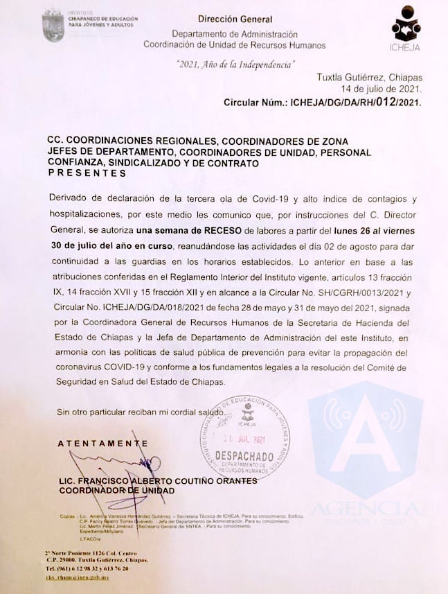 Icheja reconoce tercer ola de Covid-19, manda a descansar una semana a sus empleados.