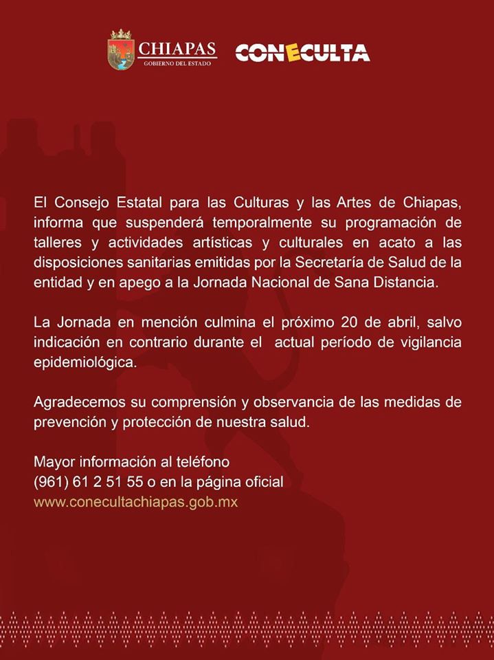 El Consejo Estatal para las Culturas y las Artes de Chiapas suspende actividades