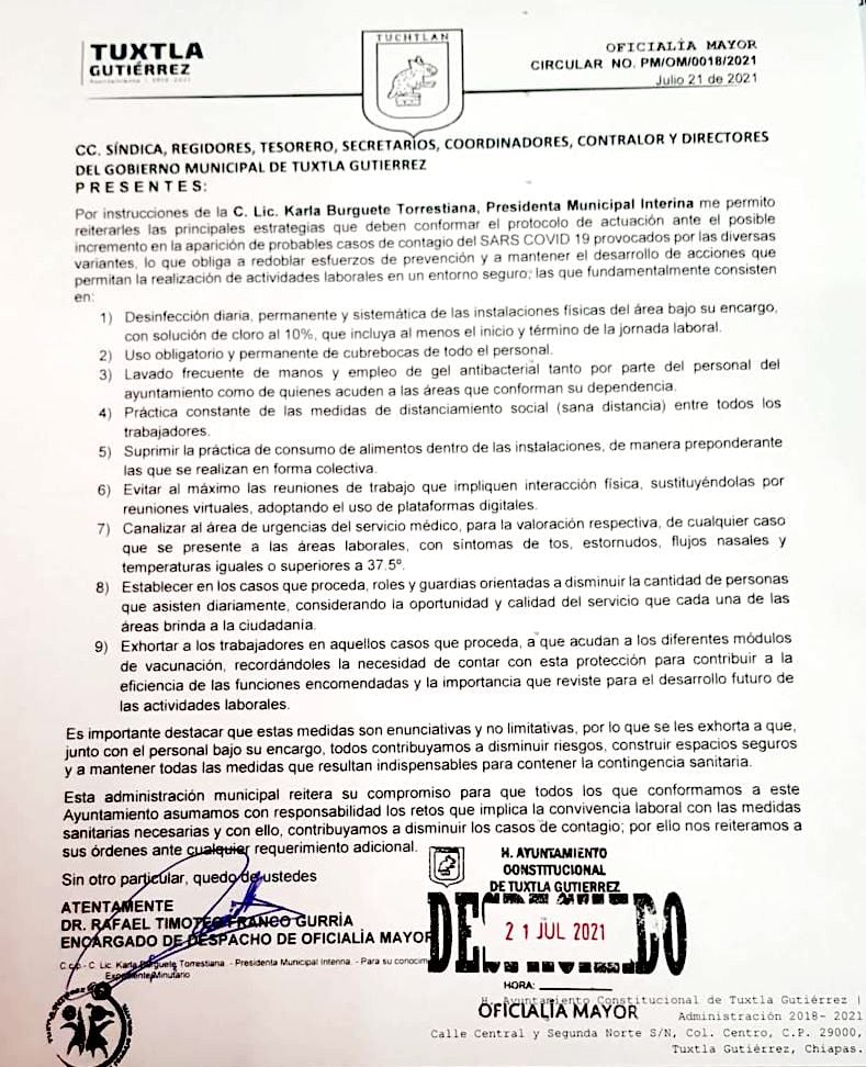 Luego de que surgiera graves casos de Contagio de Covid-19 en el Ayuntamiento Tuxtla Gutiérrez, Alcaldesa Karla Burguete Torrestiana instruye medidas emergentes