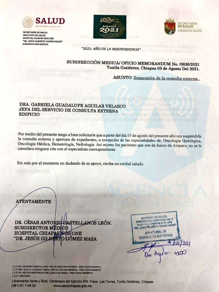 A partir del 15 de Agosto se suspenden las CONSULTAS EXTERNAS y APERTURA DE EXPEDIENTES en el Hospital «Dr. Jesús Gilberto Gómez Maza»