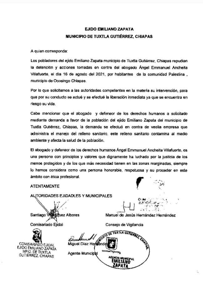 Autoridades ejidales y municipales del Ejido Zapata de Tuxtla Gutiérrez repudian la detención del Defensor de los Derechos Humanos Angel Ancheyta