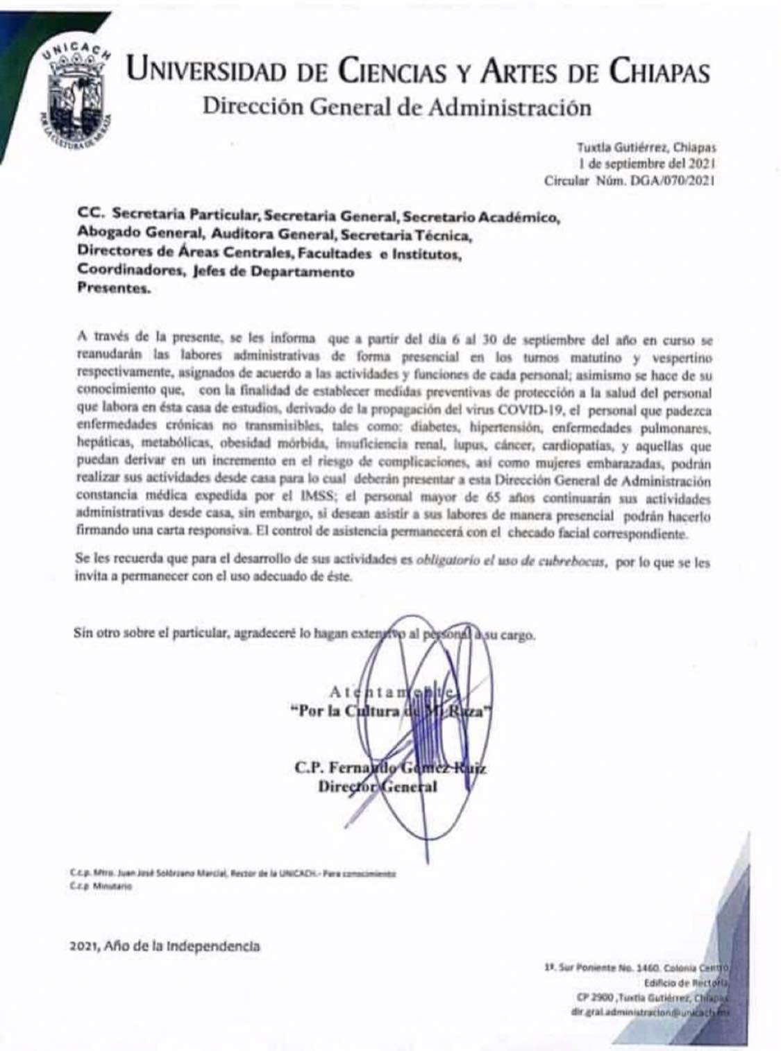 ordenan en la Unicach regresar a laborar de forma presencial al personal administrativo, aún cuando existen contagios confirmados de COVID-19