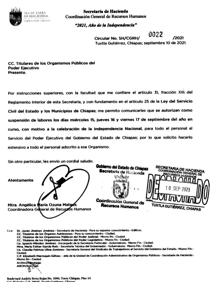 Secretaría de Hacienda Chiapas informa de la suspensión de labores los días 15, 16, y 17 de septiembre