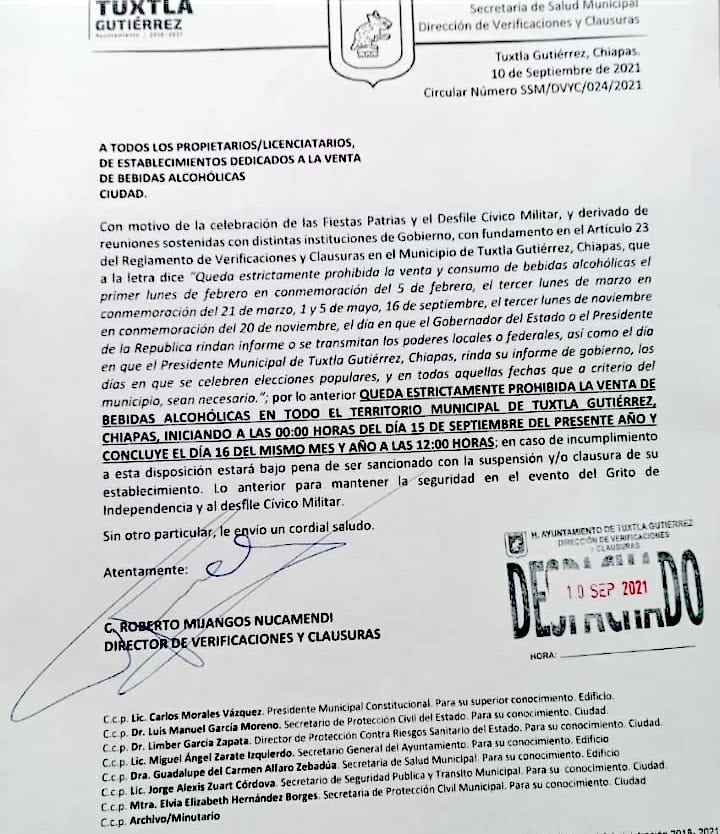 Ayuntamiento Tuxtla Gutiérrez decreta Ley Seca desde las 00:00 horas del 15 de Septiembre a las 12:00 horas del 16 de Septiembre.