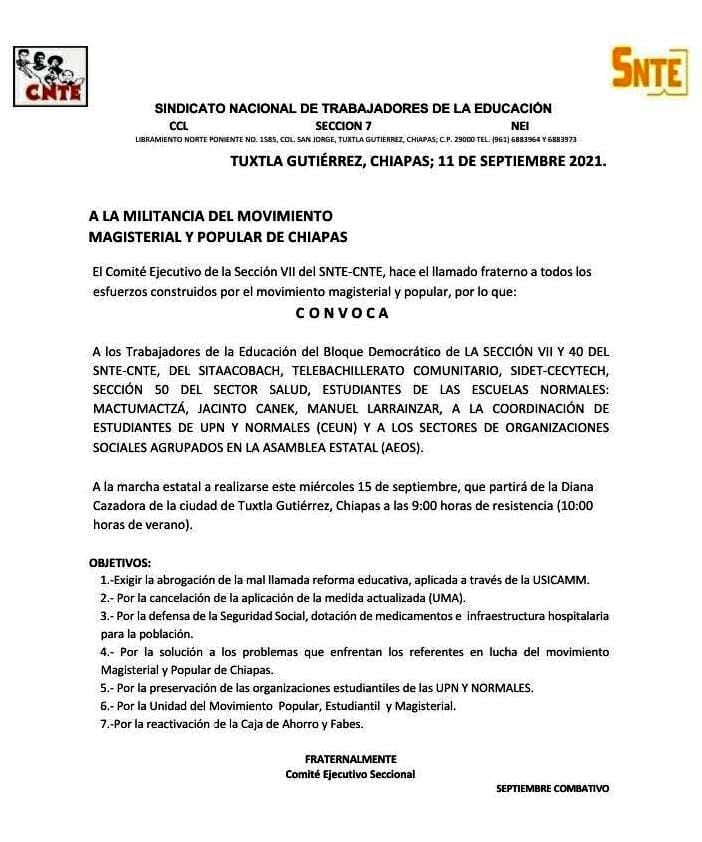 Magisterio convoca a Marcha Estatal el próximo 15 de septiembre
