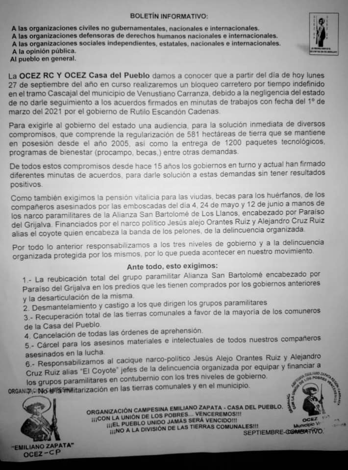 OCEZ RC y OCEZ Casa del Pueblo realizarán bloqueo carretero en Cascajal, Venustiano Carranza