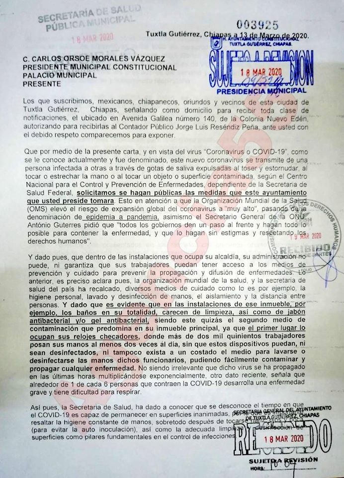 Ciudadanos piden al Alcalde de Tuxtla haga públicas las medidas contra el #Covid19