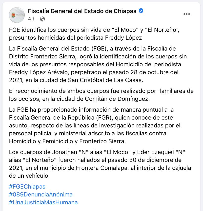 la Fiscalía General del Estado de Chiapas identificó los cuerpos de «El Moco» y «El Norteño”