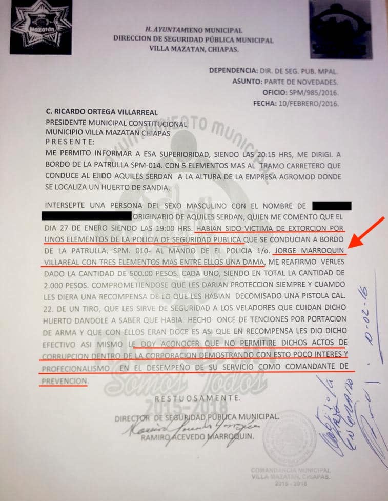 Director de la Policía Municipal de Villa Mazatán, Jorge Marroquín Villarreal, cuenta con un curriculum de corrupción y extorsión