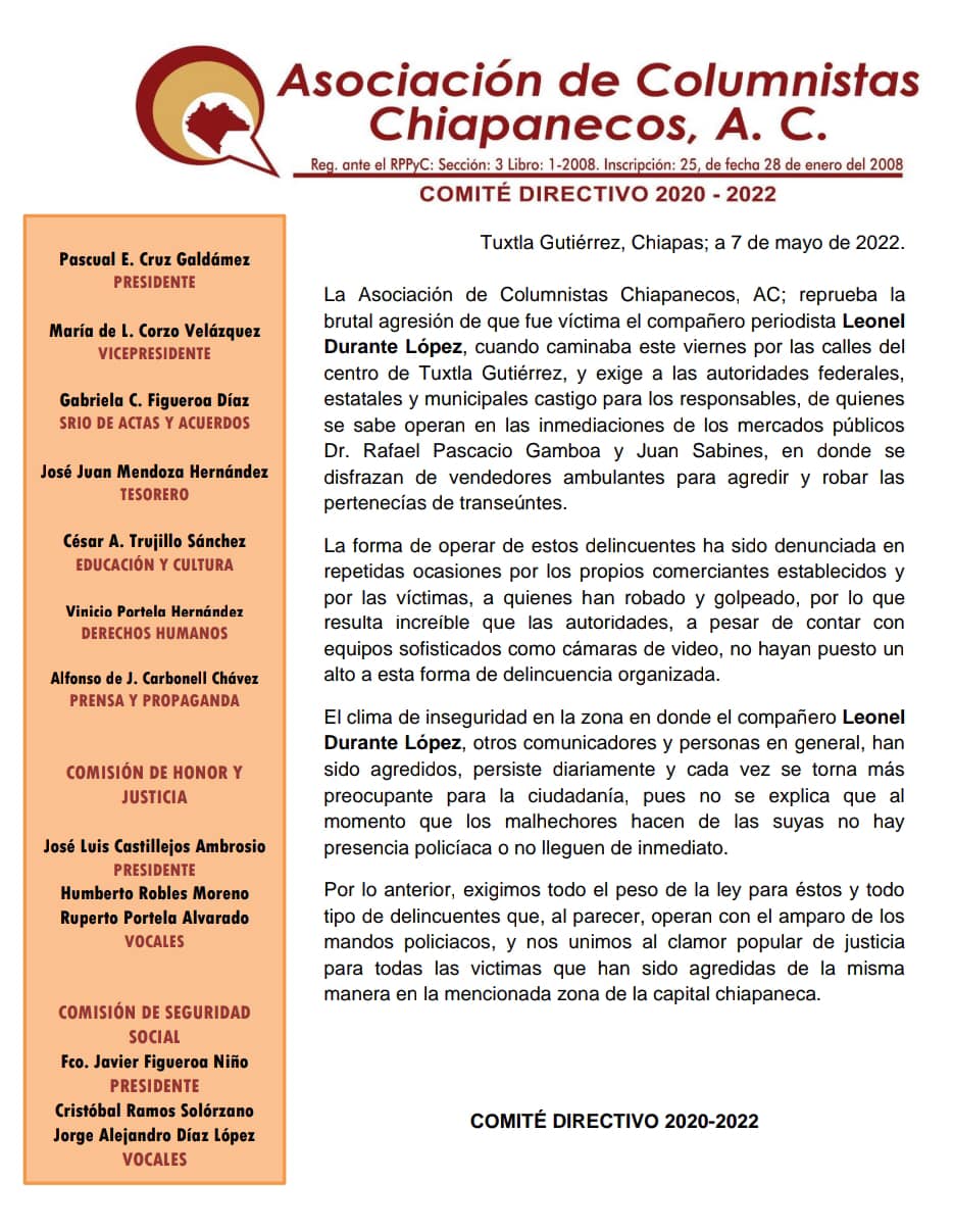 La Asoc de Columnistas Chiapanecos AC condena actos de violencia contra periodista Leonel Durante