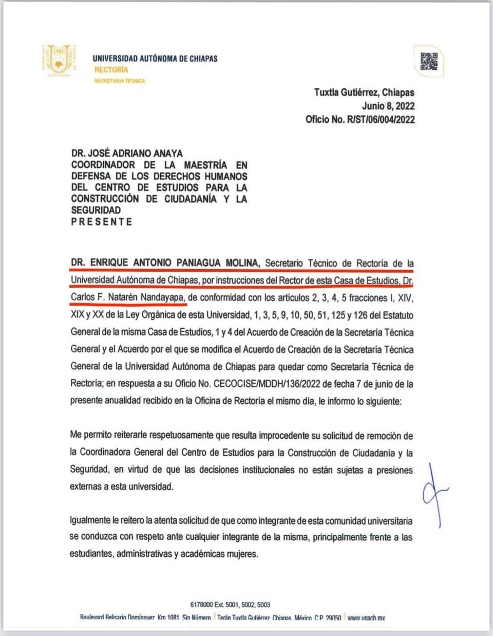 Es tan cobarde el Rector Faustino y tan patito su título de Doctor, que tiene que mandar a un testaferro a contestar un simple oficio de petición.