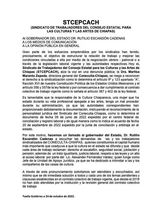 Sindicato Coneculta Chiapas denuncia intimidación por parte de Alexander Fernández Valdez, Jefe de la Unidad de Apoyo Jurídico.