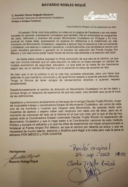 Bayardo Robles Riqué  renuncia al Partido Movimiento Ciudadano en #Chiapas y se une al Frente Amplio Por México
