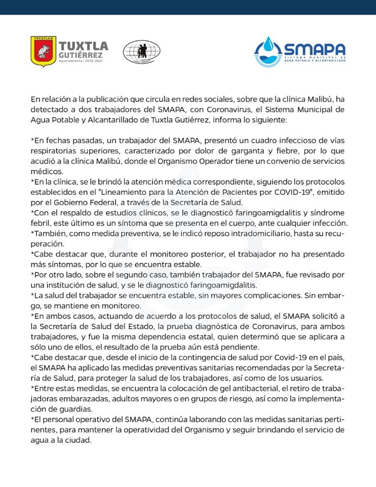 Sistema Municipal de Agua Potable y Alcantarillado de Tuxtla Gutiérrez, informa lo siguiente