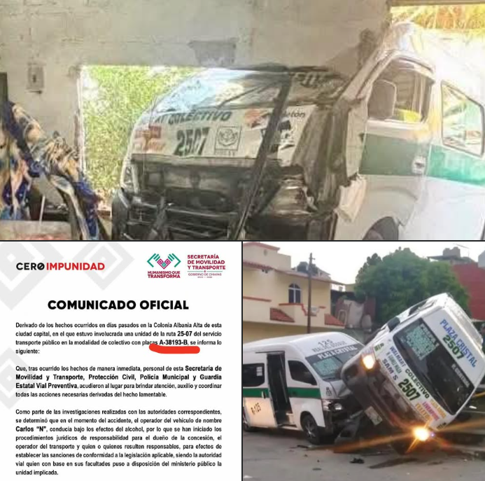Este transporte colectivo, con número económico 2507, ha estado involucrado en diversos percances de tránsito, el mas reciente, chocando contra una casa en la colonia Albania Alta en la ciudad Tuxtla Gutiérrez.
