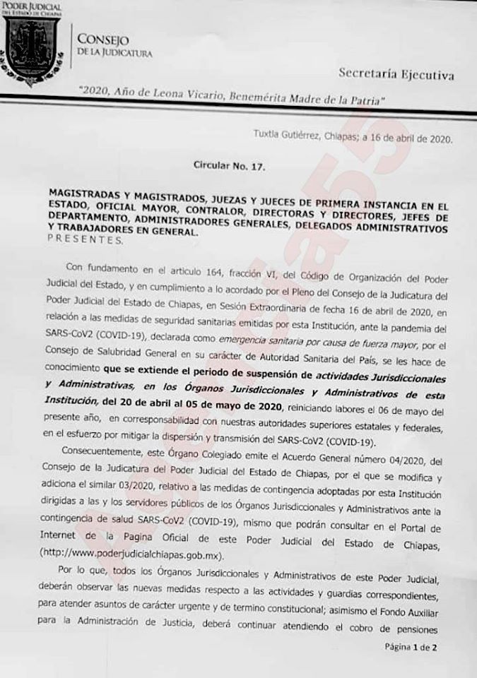Extiende el Poder Judicial del Estado de Chiapas periodo de suspensión de actividades ante las medidas sanitarias por el #Coronavirus. Tienen programado su inicio de actividades hasta el 6 de mayo.