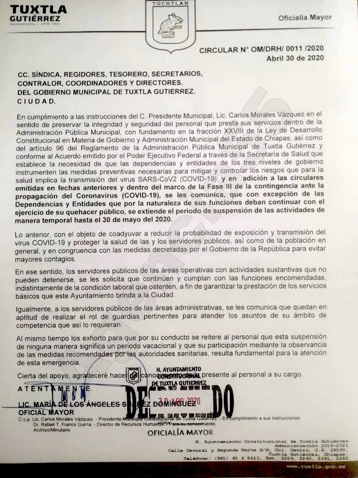 Ayuntamiento Tuxtla Gutiérrez extiende su suspensión de labores hasta el 30 de mayo por crisis sanitaria del Covid-19