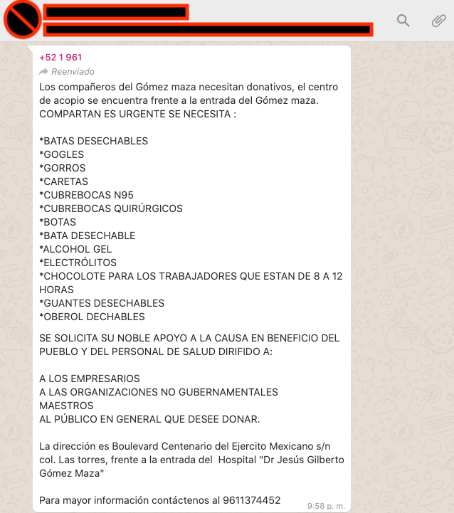 A través de la #RedSocial #WhatsApp trabajadores de la salud del Hospital «Dr. Jesús Gilberto Gómez Maza» solicita donativos de: