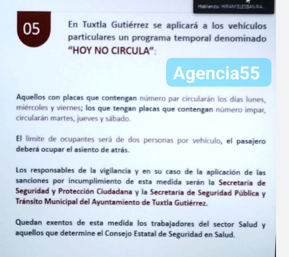 CANCELAN HOY NO CIRCULA EN TUXTLA 18 MAYO