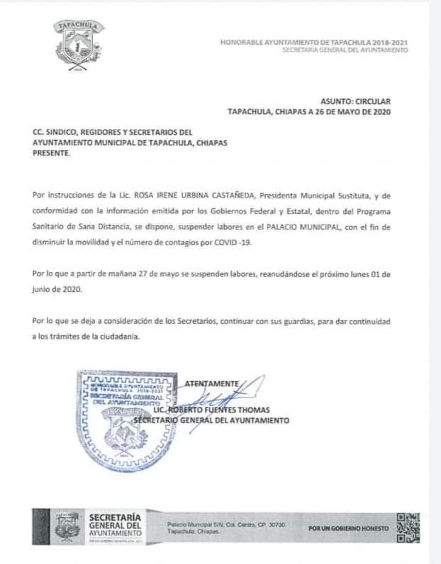 Suspende labores Gobierno de Tapachula