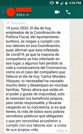 Coordinador de Política Fiscal, Taro Takeuchi Antonio, del Ayuntamiento Tuxtla Gutiérrez, obliga a los empleados a continuar trabajando