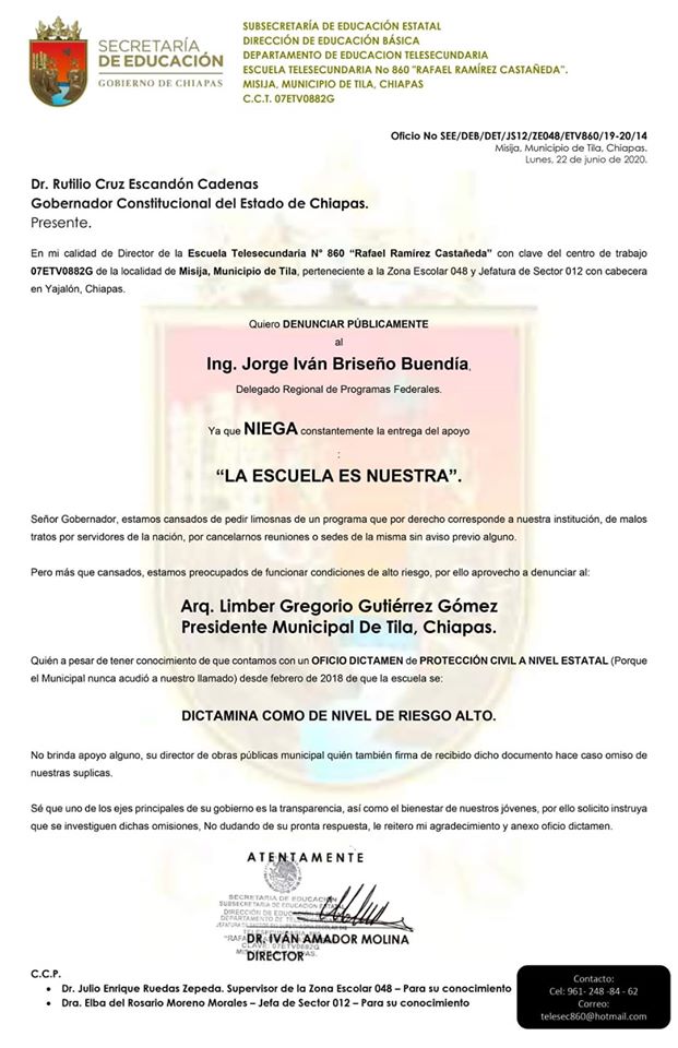 Director de la Talesecundaria #860, del municipio de Tila, denuncia públicamente al Delegado Regional de Programas Federales