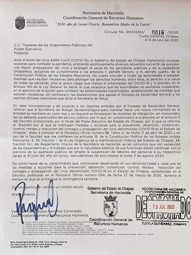 Gobierno del Estado continúa con la suspensión de labores, reanudándose las actividades hasta el 3 de agosto de 2020.