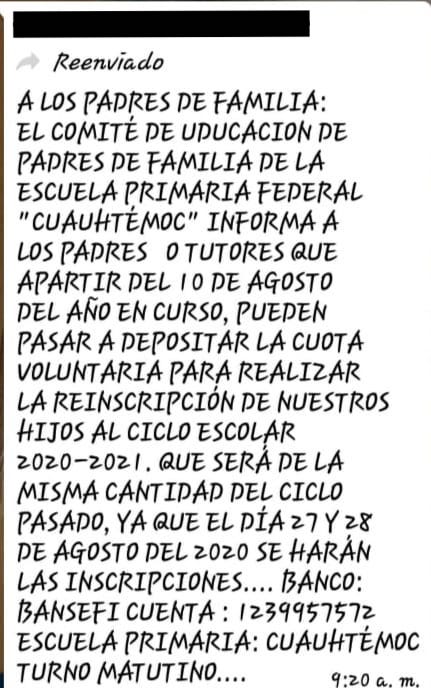 Continúan los chantajes en los pagos de la CUOTAS VOLUNTARIAS, en la escuela Primaria Federal «Cuauhtémoc»