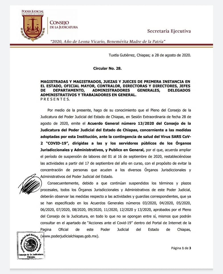 Poder Judicial del Estado de Chiapas reanudarán sus actividades hasta el 17 de septiembre por la crisis sanitaria de Covid-19.