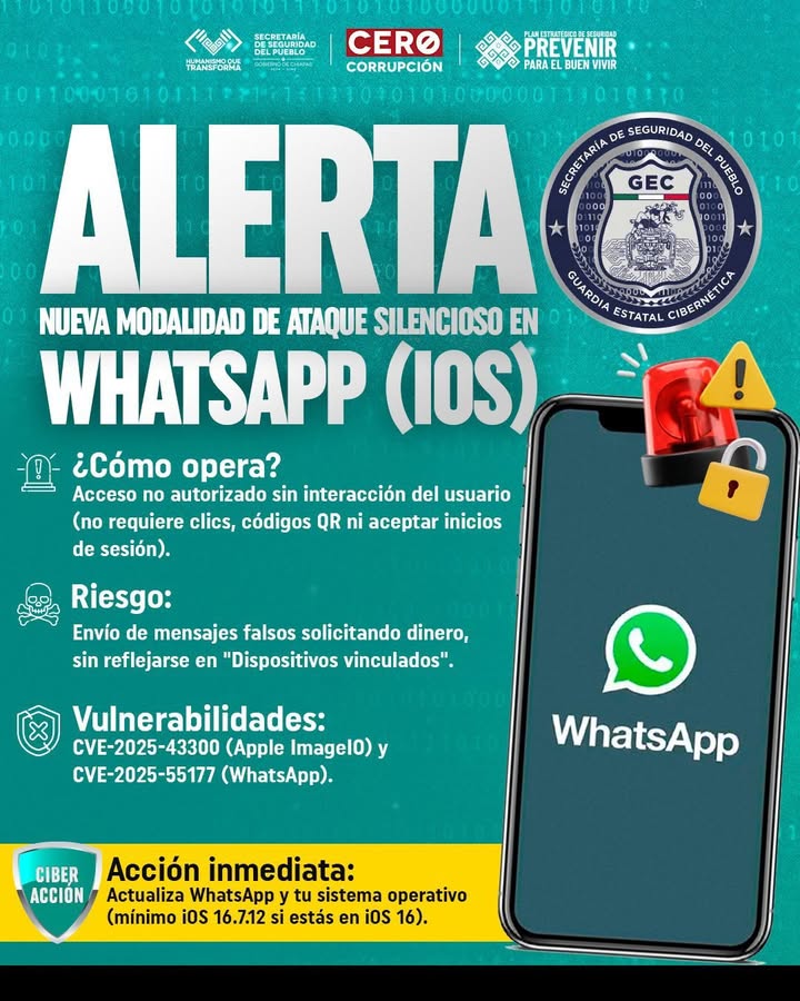 Alerta SSP nueva modalidad de ataque silencioso en WhatsApp para iOS