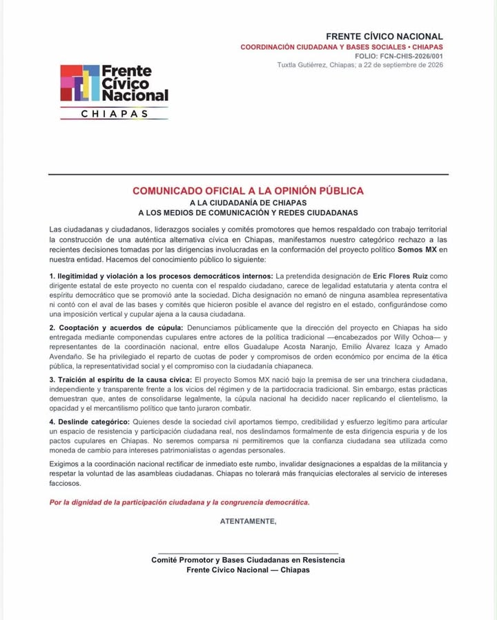 Señalan que el proyecto SomosMx en Chiapas queda bajo el control político de expriista Willy Ochoa