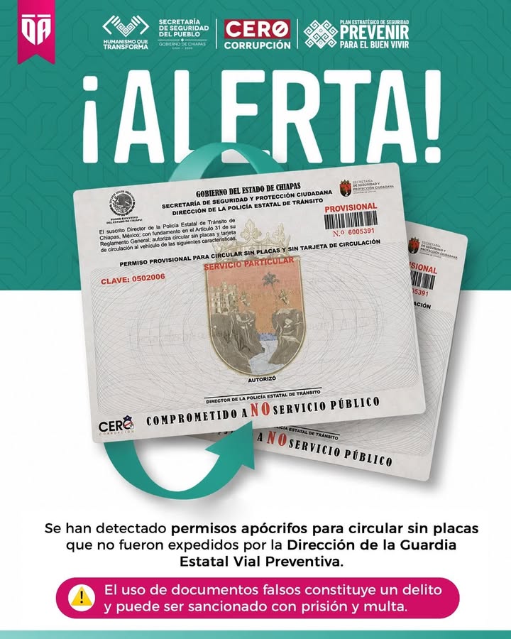 SSP alerta sobre permisos apócrifos para circular sin placas en Chiapas