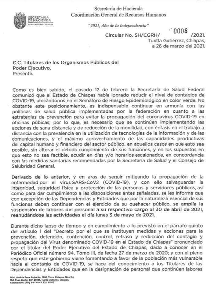 Gobierno de Chiapas extiende la suspensión de labores hasta el próximo 3 de mayo de 2021.